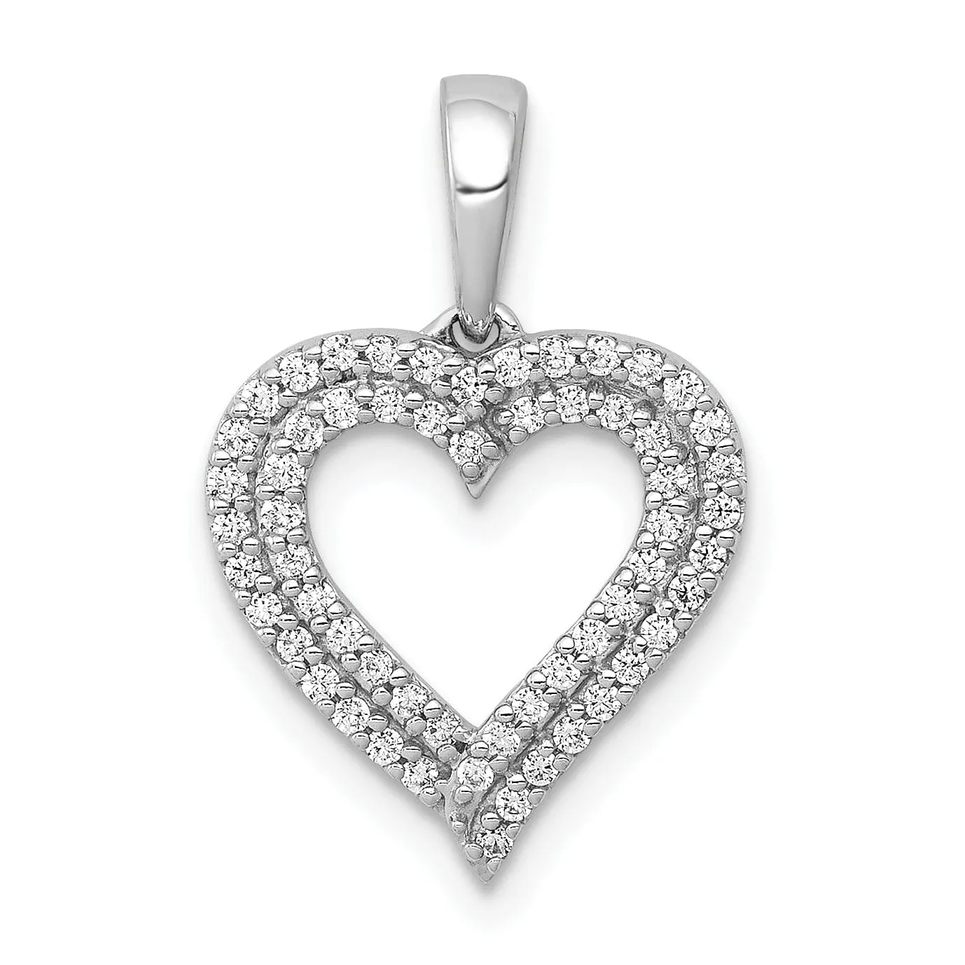14k White Gold Open Back Polished Finish 1/4ct Round Diamond 2-Row Design Heart Charm Pendant